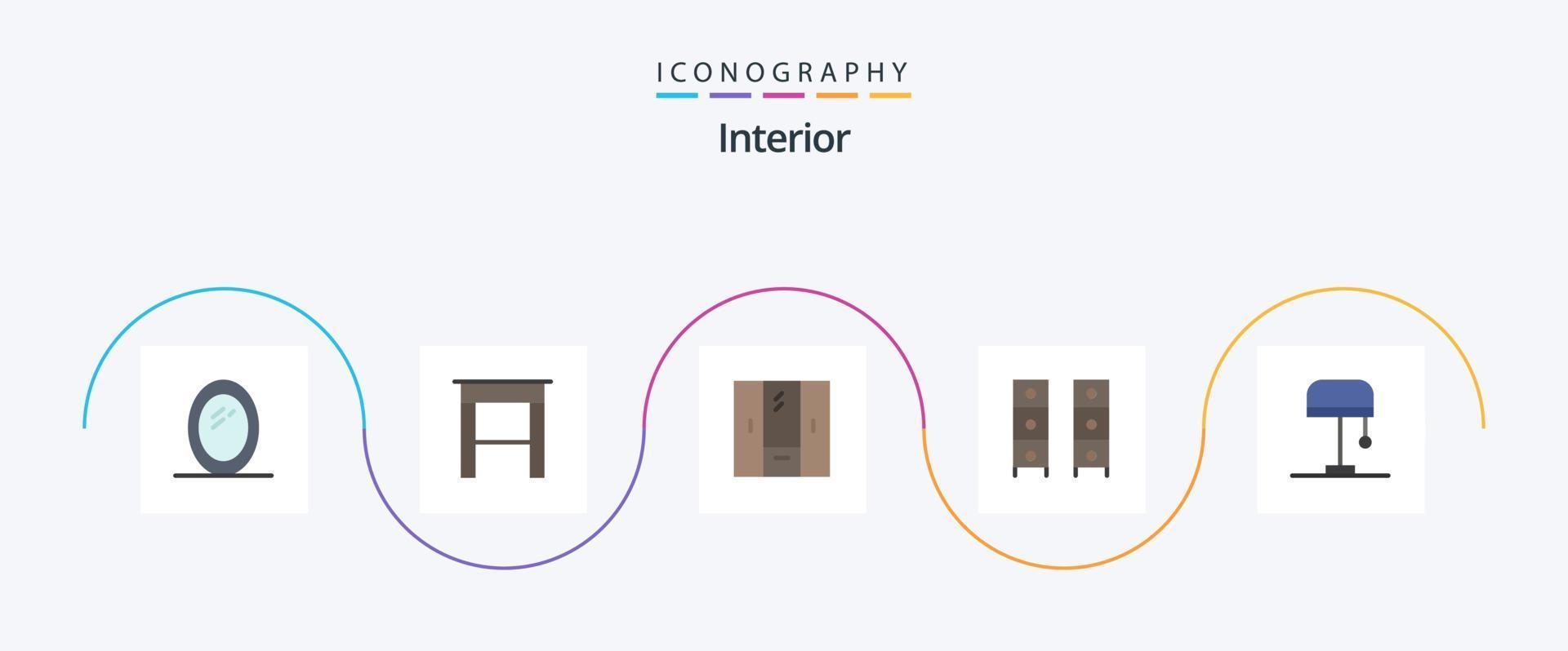 paquete interior de 5 iconos planos que incluye lámpara. armario. muebles. sorteo de oficina. muebles vector