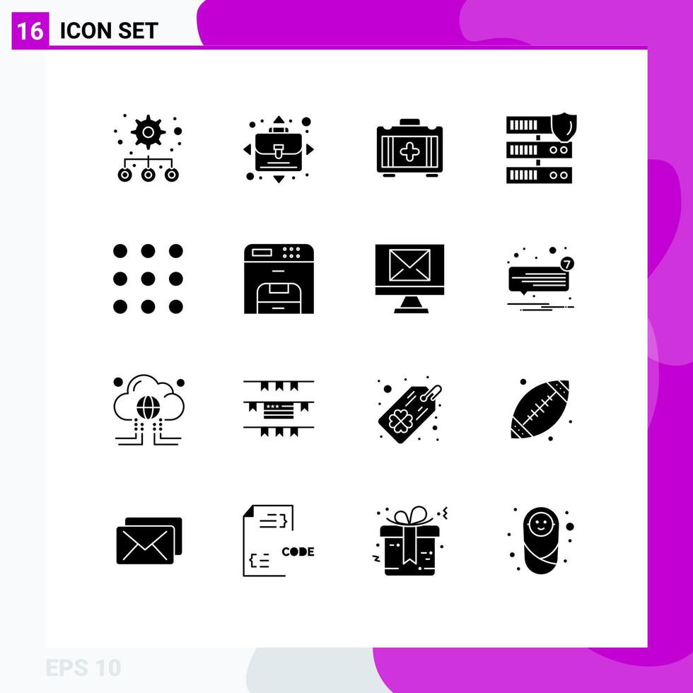 16 Universal Solid Glyphs Set for Web and Mobile Applications device numbers healthbag dial security Editable Vector Design Elements