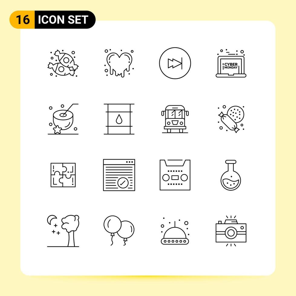 Pack of 16 Modern Outlines Signs and Symbols for Web Print Media such as food coconut fast monday sale Editable Vector Design Elements
