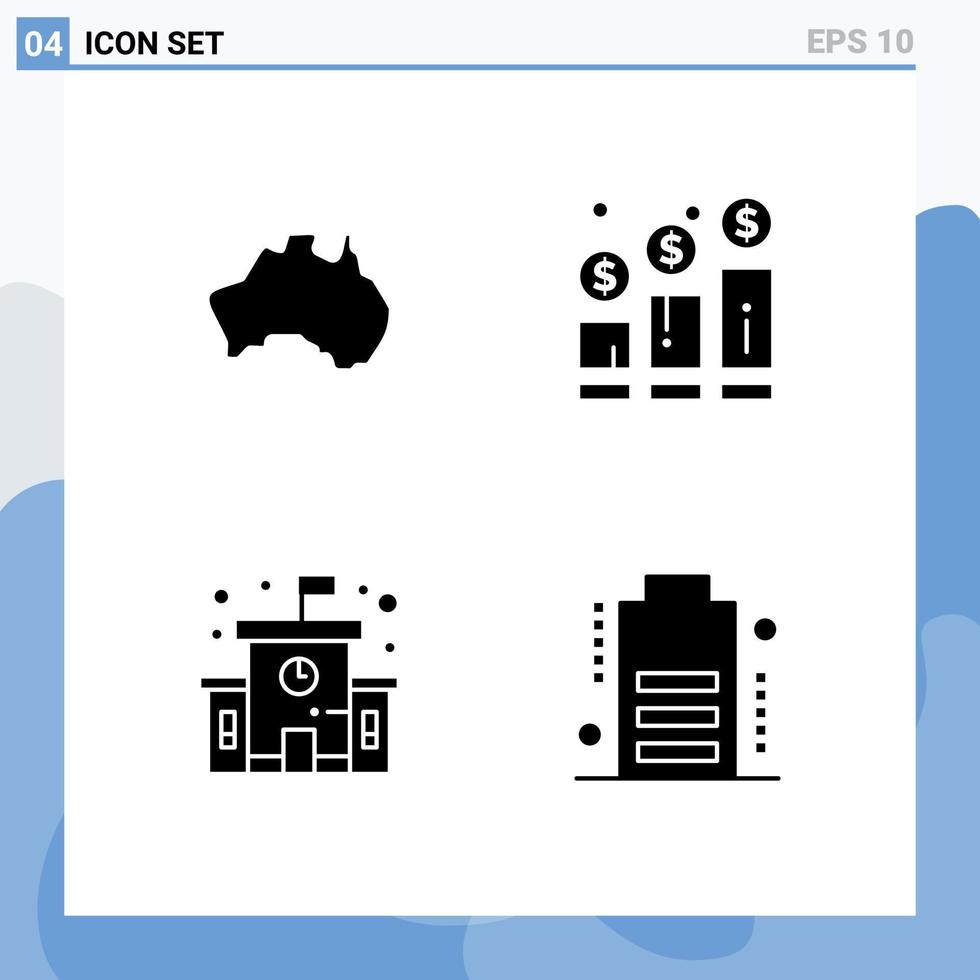 Mobile Interface Solid Glyph Set of 4 Pictograms of australian money map increase education Editable Vector Design Elements