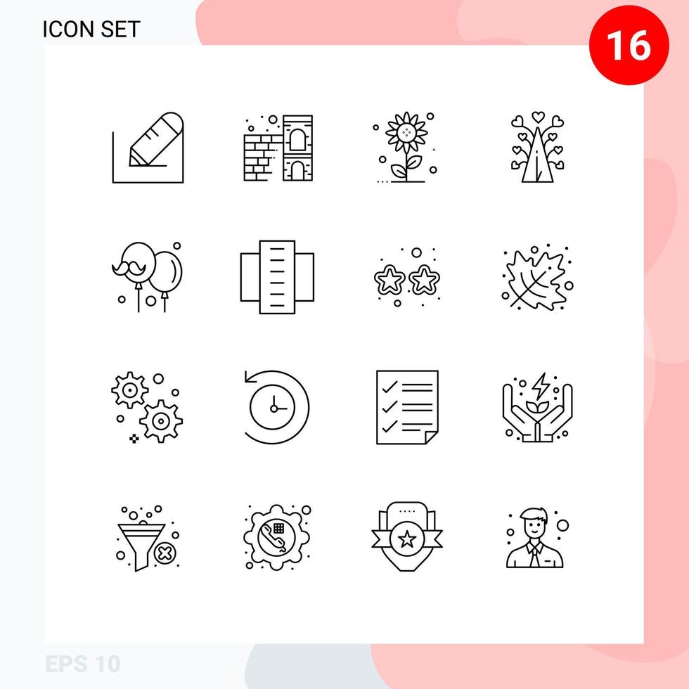 Mobile Interface Outline Set of 16 Pictograms of balloon valentine sub flower heart love Editable Vector Design Elements