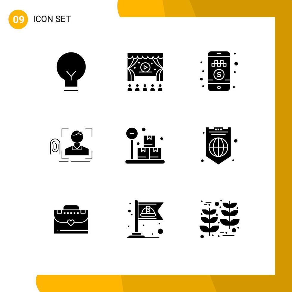9 Universal Solid Glyph Signs Symbols of package scanning pay cash scan fingerprint Editable Vector Design Elements
