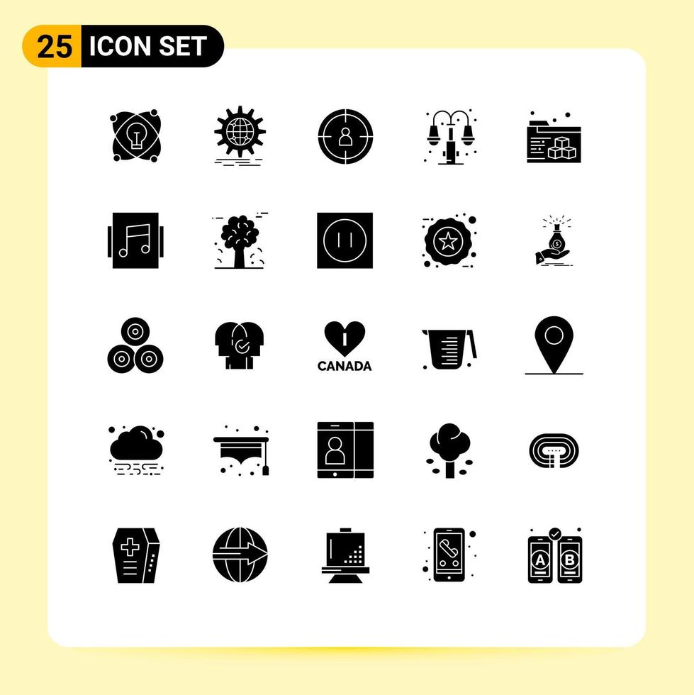 Pack of 25 Modern Solid Glyphs Signs and Symbols for Web Print Media such as folder lump gear light city Editable Vector Design Elements