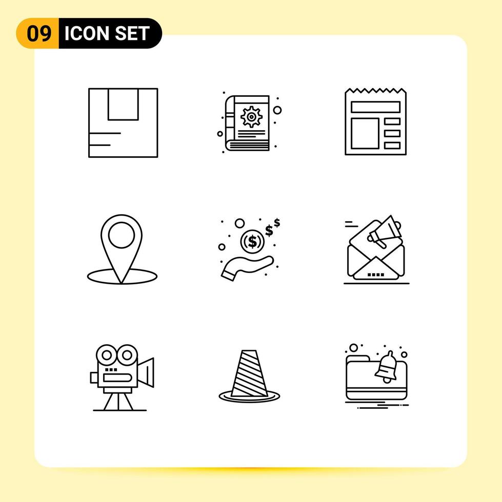 Group of 9 Modern Outlines Set for money hand document education location Editable Vector Design Elements