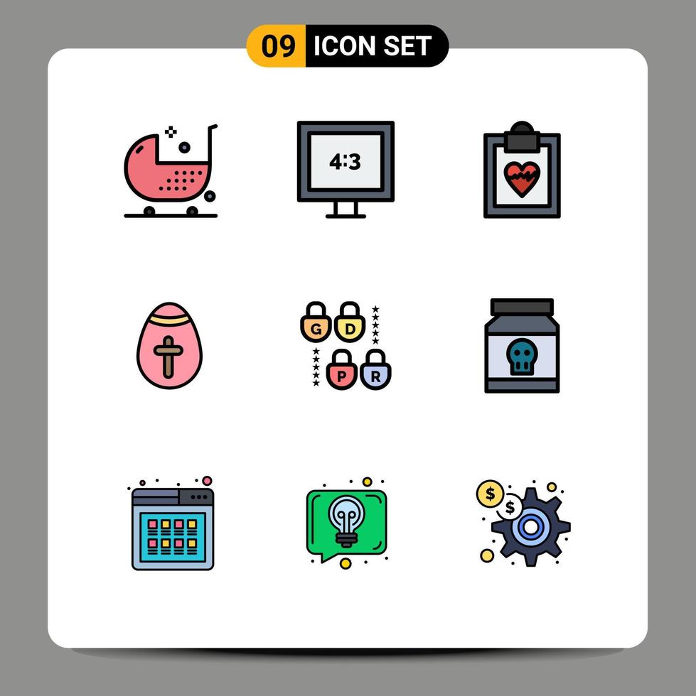 Universal Icon Symbols Group of 9 Modern Filledline Flat Colors of security gdpr cardiogram holidays egg Editable Vector Design Elements