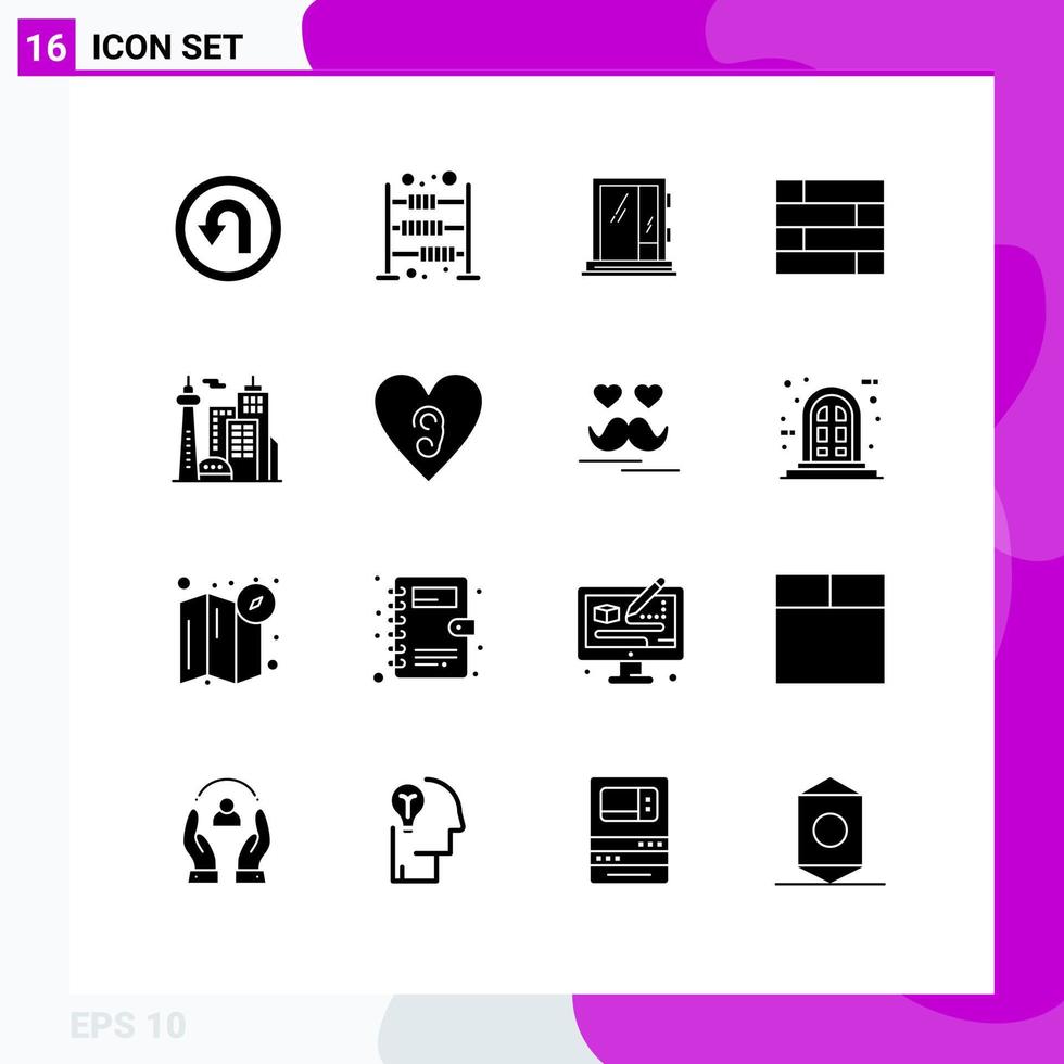 16 Universal Solid Glyphs Set for Web and Mobile Applications building wall door protect repair Editable Vector Design Elements