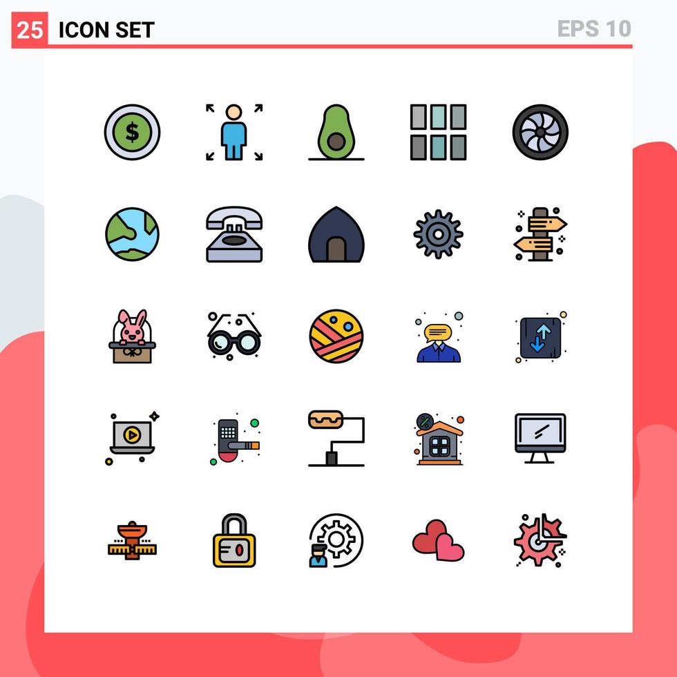 Mobile Interface Filled line Flat Color Set of 25 Pictograms of wheel mechanics food car image Editable Vector Design Elements