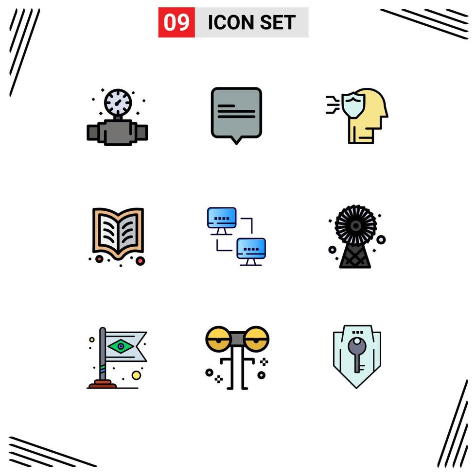 Mobile Interface Filledline Flat Color Set of 9 Pictograms of computing computer protection reading book Editable Vector Design Elements