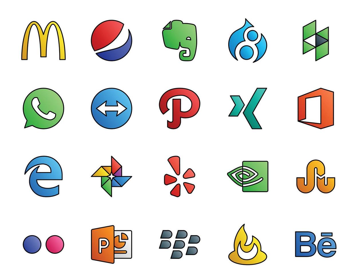 20 Social Media Icon Pack Including blackberry flickr xing stumbleupon yelp vector