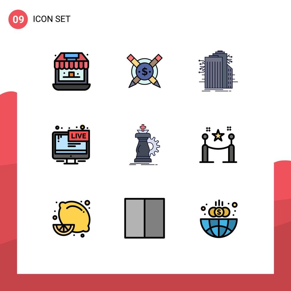Pack of 9 Modern Filledline Flat Colors Signs and Symbols for Web Print Media such as news broadcasting building screen internet Editable Vector Design Elements