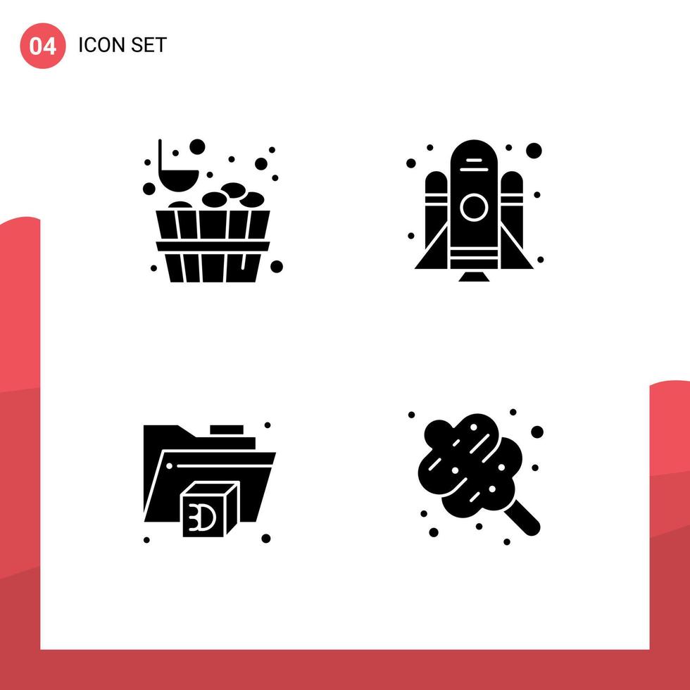 4 User Interface Solid Glyph Pack of modern Signs and Symbols of bucket dessert rocket printer sweets Editable Vector Design Elements