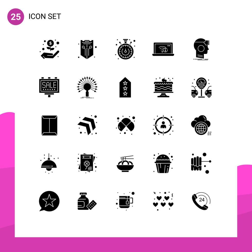 Modern Set of 25 Solid Glyphs and symbols such as googles internet stopwatch lost error Editable Vector Design Elements