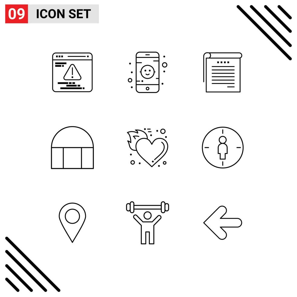 paquete de iconos de vector de stock de 9 signos y símbolos de línea para libros de llama caliente fuego edificio islámico elementos de diseño de vector editables