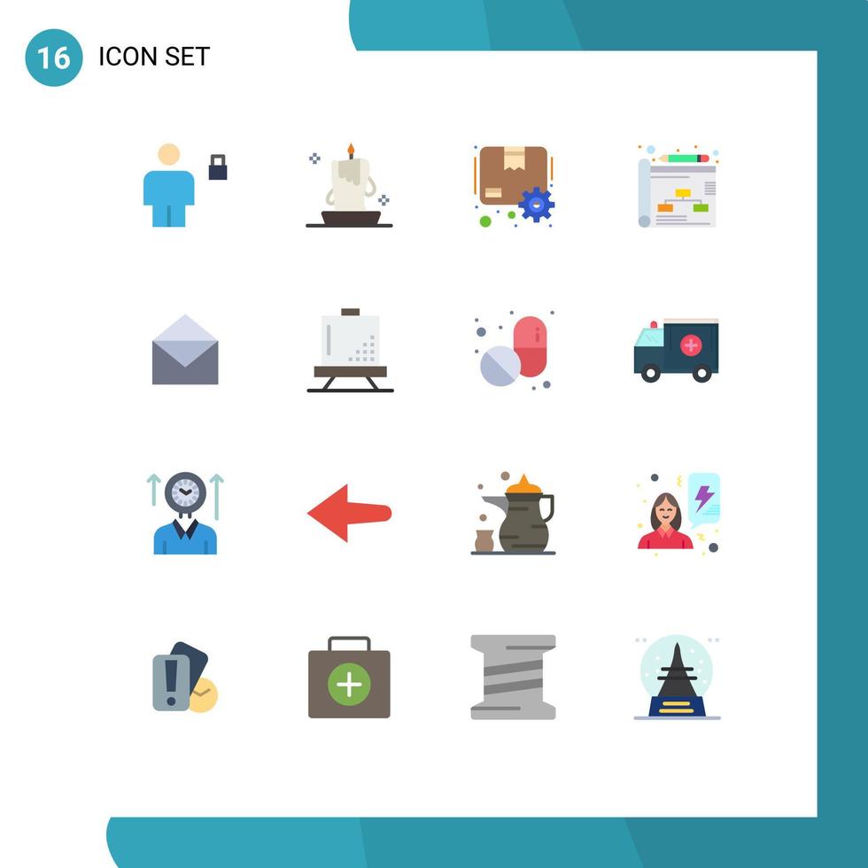 Flat Color Pack of 16 Universal Symbols of email planning illumination business parcel Editable Pack of Creative Vector Design Elements