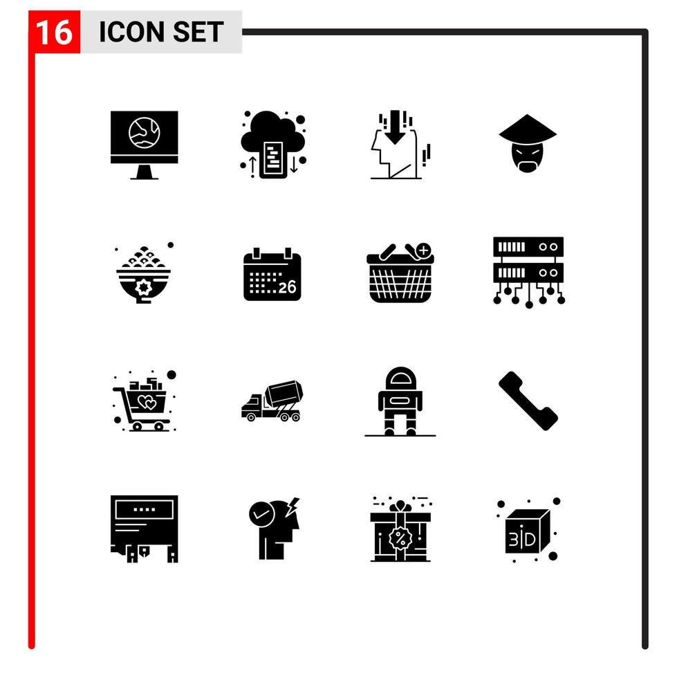 Group of 16 Solid Glyphs Signs and Symbols for dates monk upload china public Editable Vector Design Elements