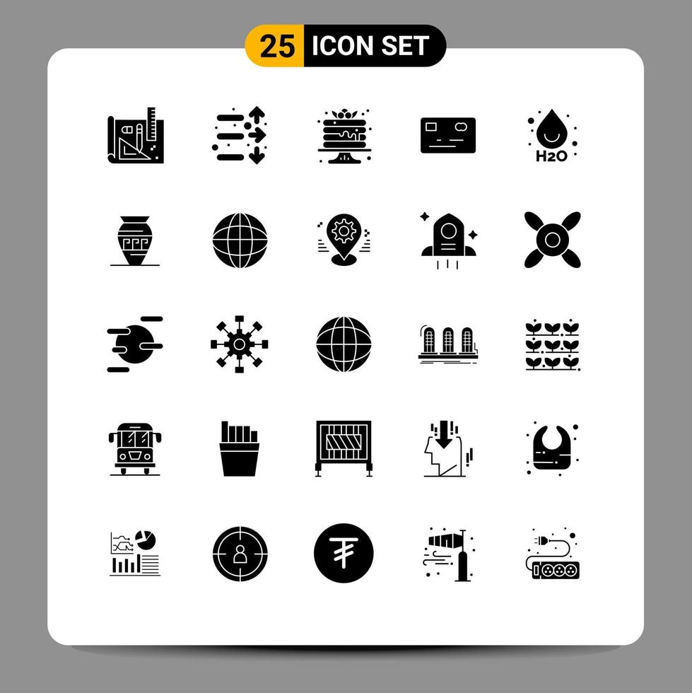 25 Thematic Vector Solid Glyphs and Editable Symbols of water drop cake payment credit card Editable Vector Design Elements