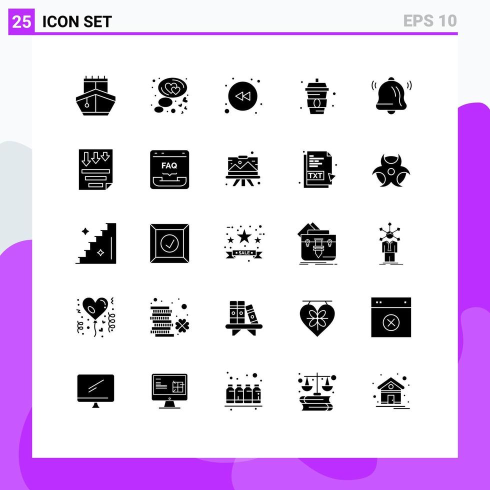 Set of 25 Vector Solid Glyphs on Grid for notification bell arrow water food Editable Vector Design Elements