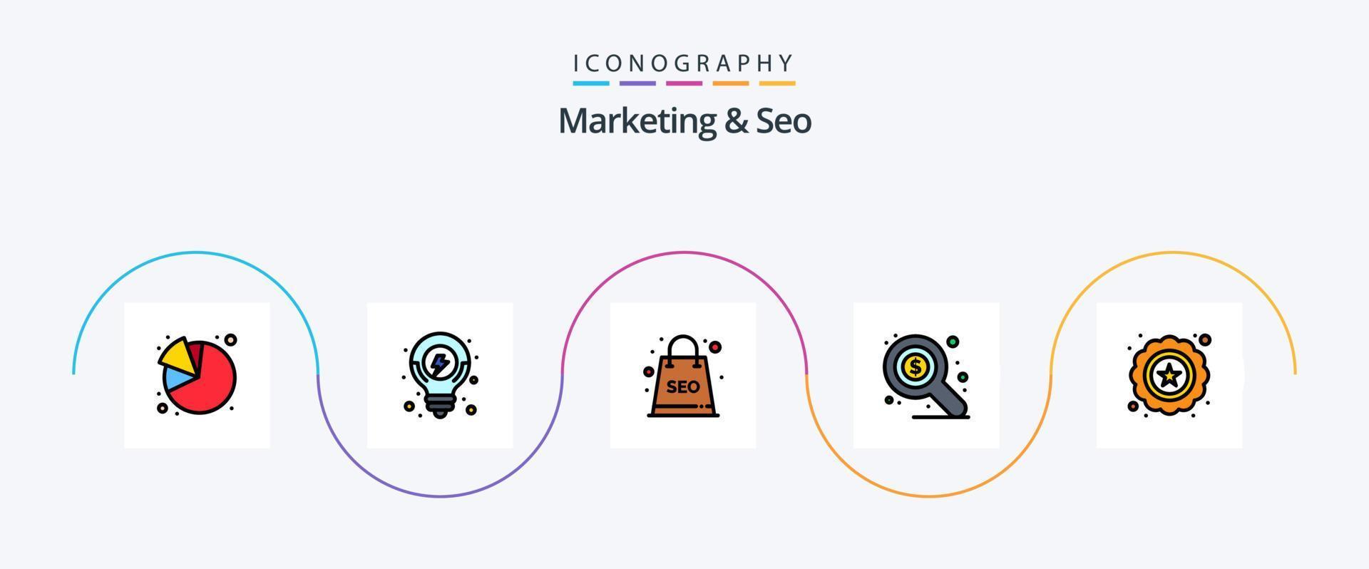 Marketing And Seo Line Filled Flat 5 Icon Pack Including . quality. package. premium. search vector