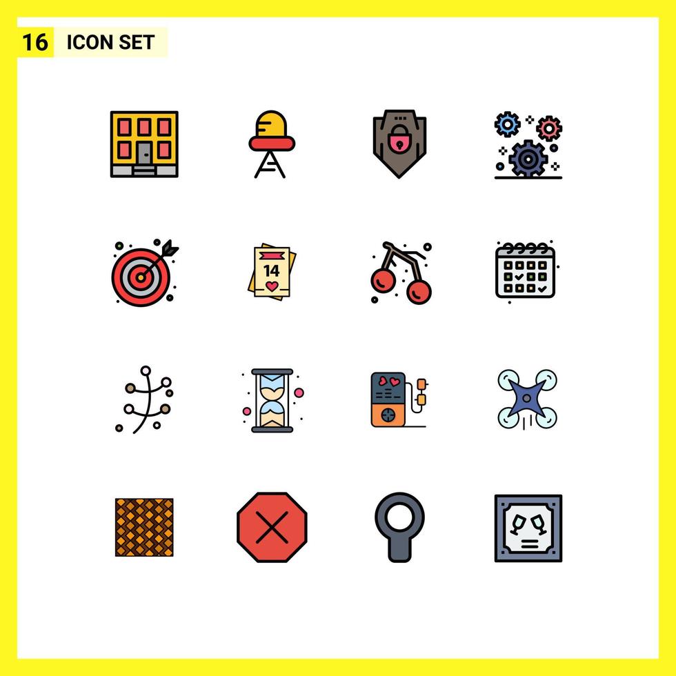 16 User Interface Flat Color Filled Line Pack of modern Signs and Symbols of office bulls eye password setting gear Editable Creative Vector Design Elements