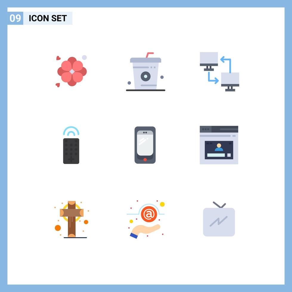 paquete de 9 signos y símbolos de colores planos modernos para medios de impresión web, como elementos de diseño de vectores editables de transferencia remota de computadora de teléfono inteligente
