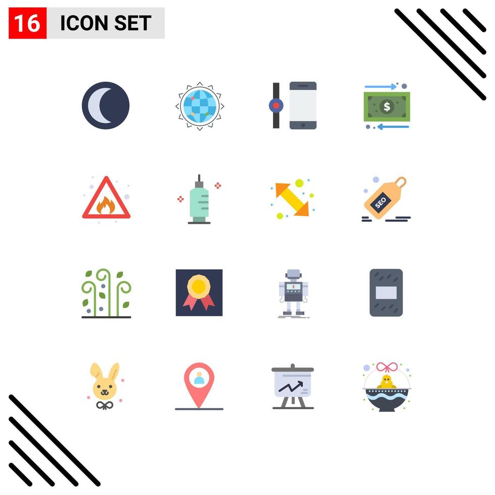 Pack of 16 creative Flat Colors of fire money optimization management business Editable Pack of Creative Vector Design Elements