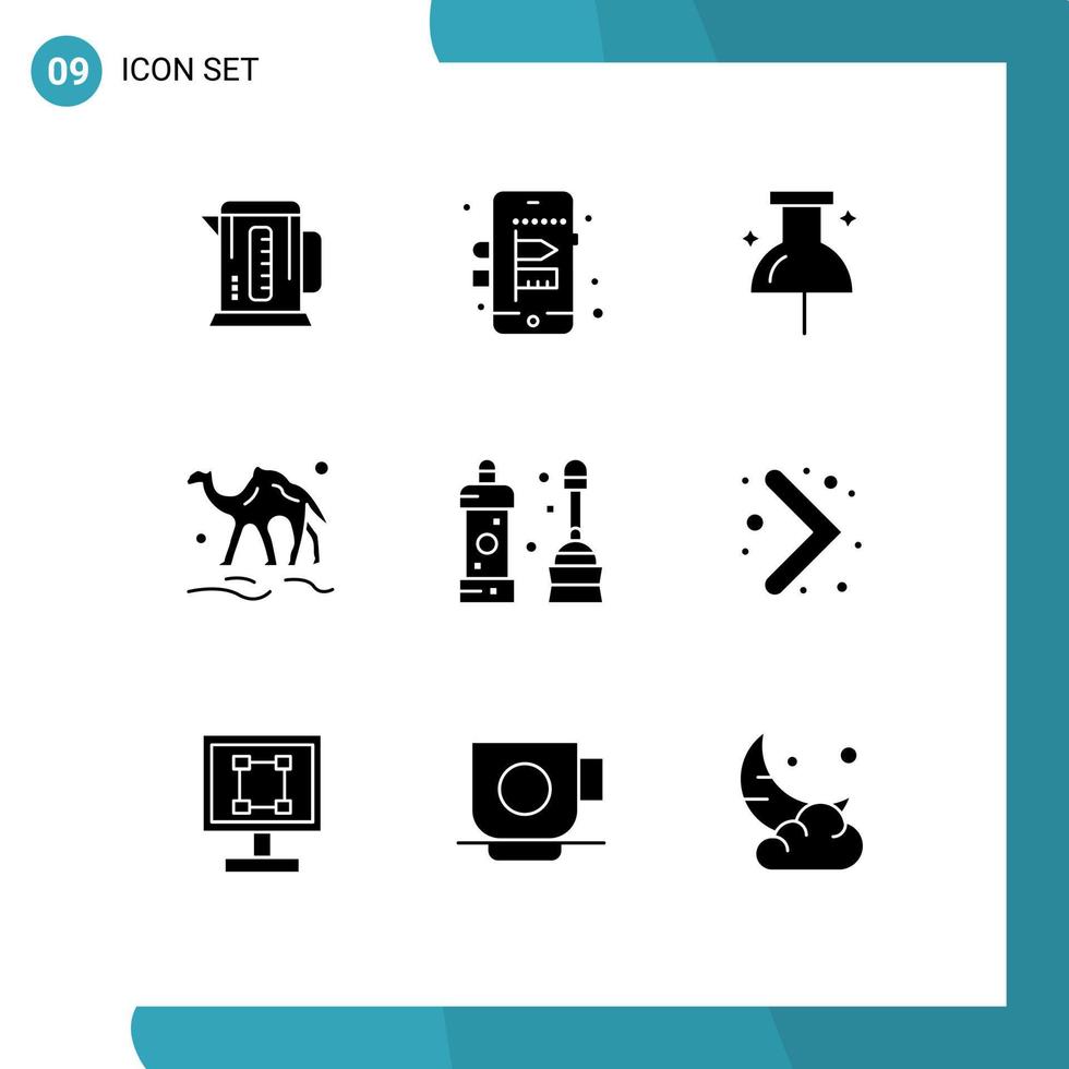 Set of 9 Vector Solid Glyphs on Grid for equipment bathroom navigation arab animal Editable Vector Design Elements