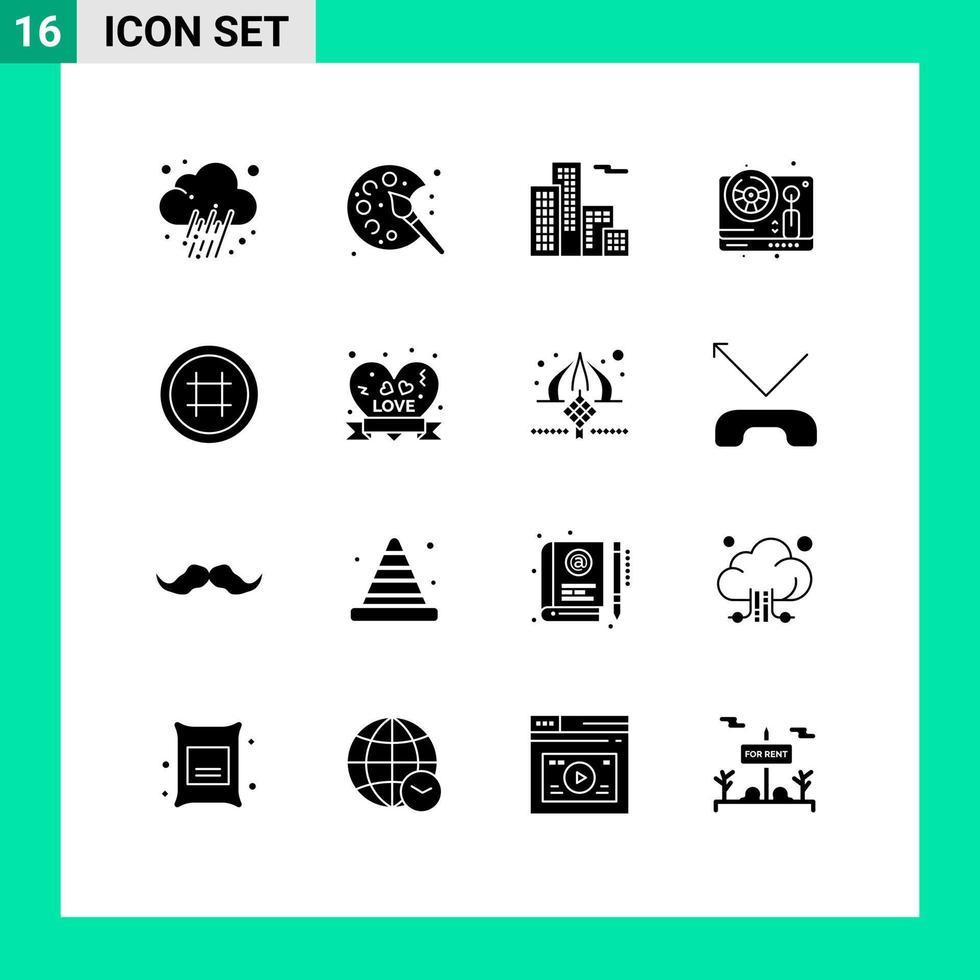 16 Universal Solid Glyphs Set for Web and Mobile Applications ui hash tag apartment play wheel Editable Vector Design Elements