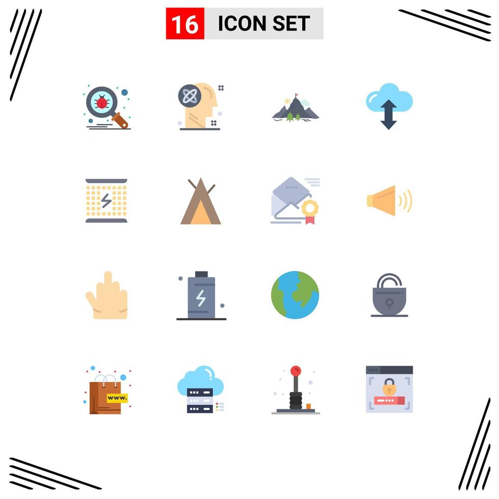 16 User Interface Flat Color Pack of modern Signs and Symbols of down arrow idea cloud mountain Editable Pack of Creative Vector Design Elements