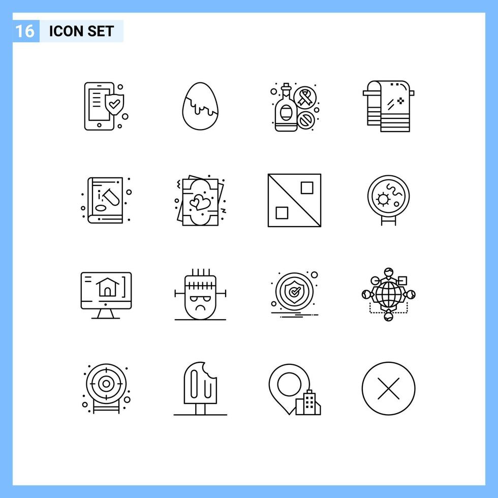 Modern Set of 16 Outlines and symbols such as chemical wiping bottle towel bath Editable Vector Design Elements