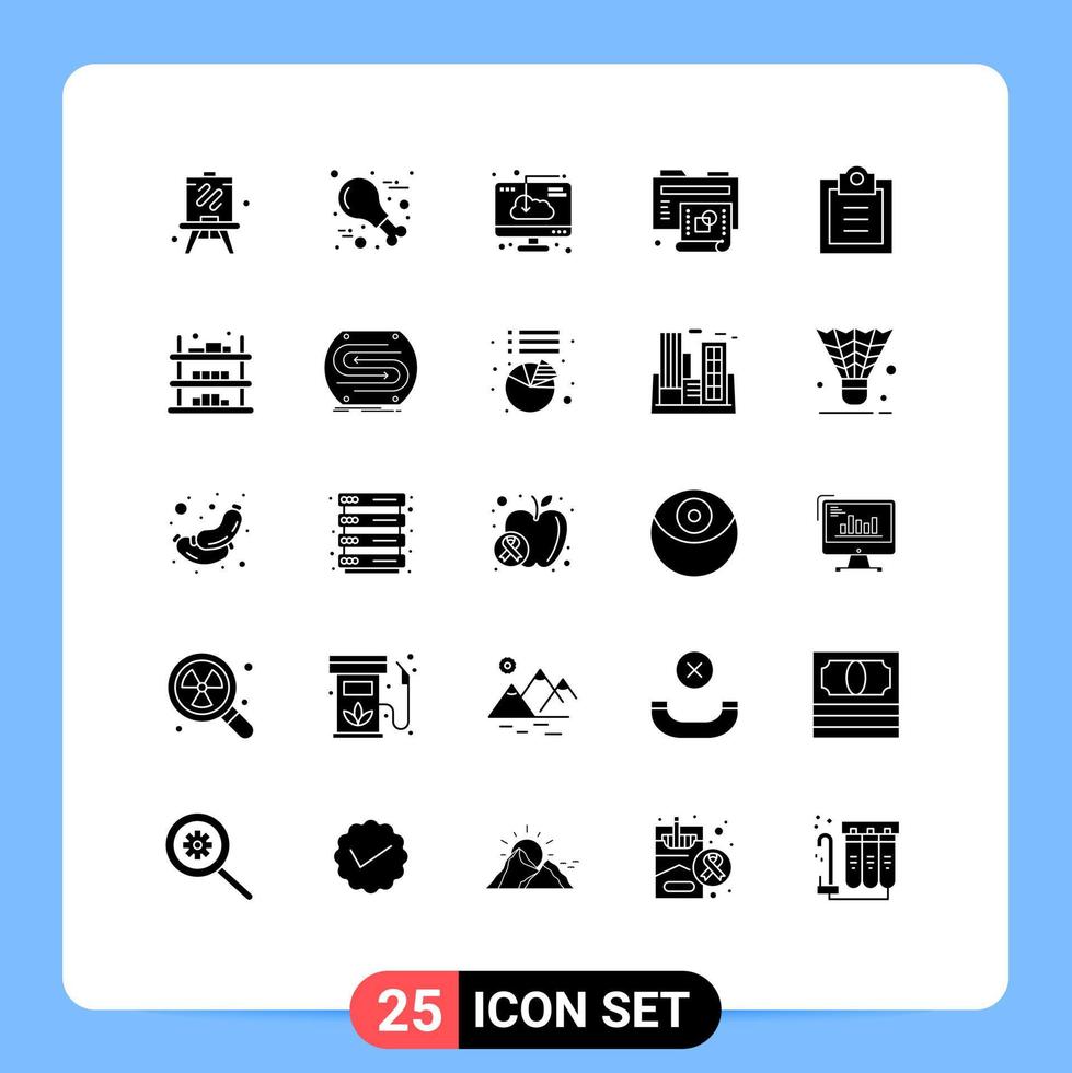 Mobile Interface Solid Glyph Set of 25 Pictograms of tasks folder computer new creative Editable Vector Design Elements