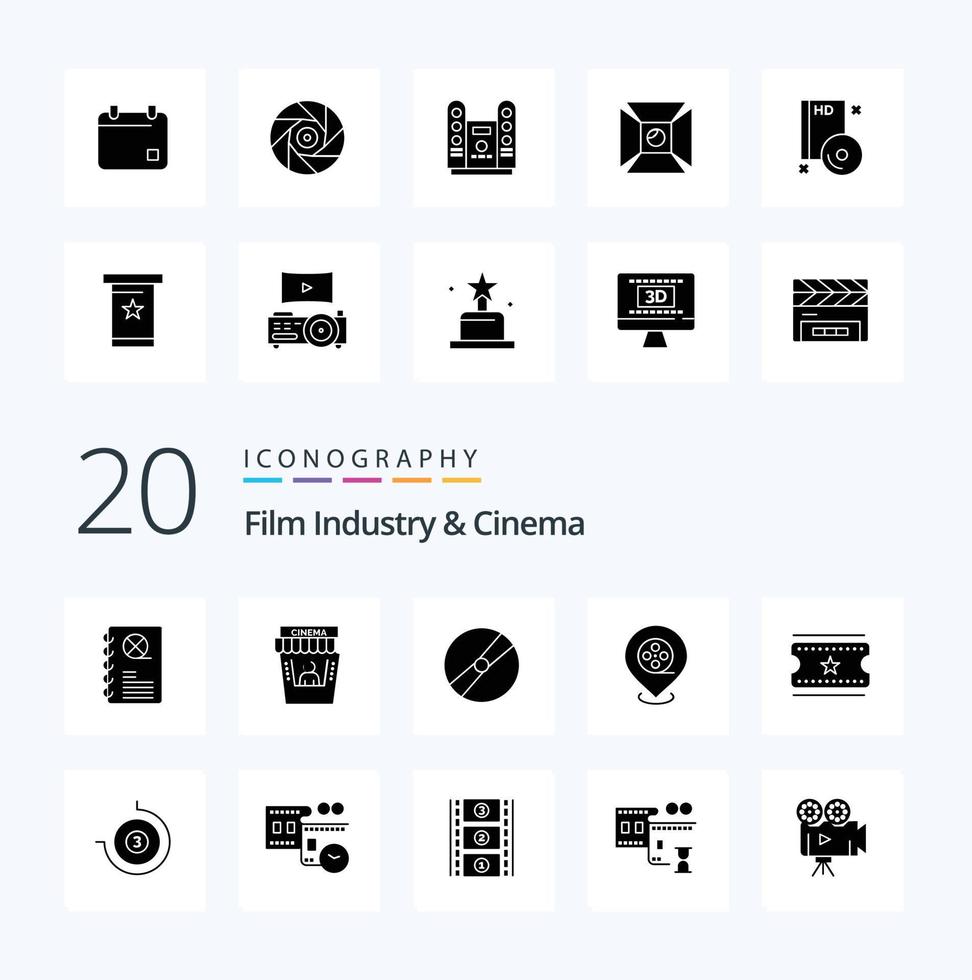 20 cenima paquete de iconos de glifos sólidos como boletos de cine películas cine ubicación pokemon vector