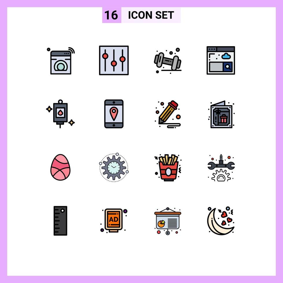 Pack of 16 creative Flat Color Filled Lines of bag internet setting browser fitness Editable Creative Vector Design Elements