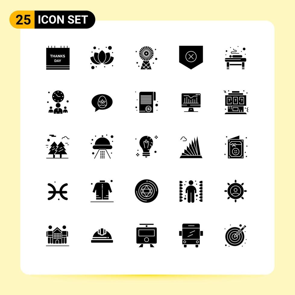 25 User Interface Solid Glyph Pack of modern Signs and Symbols of massage x buildings shield protect Editable Vector Design Elements