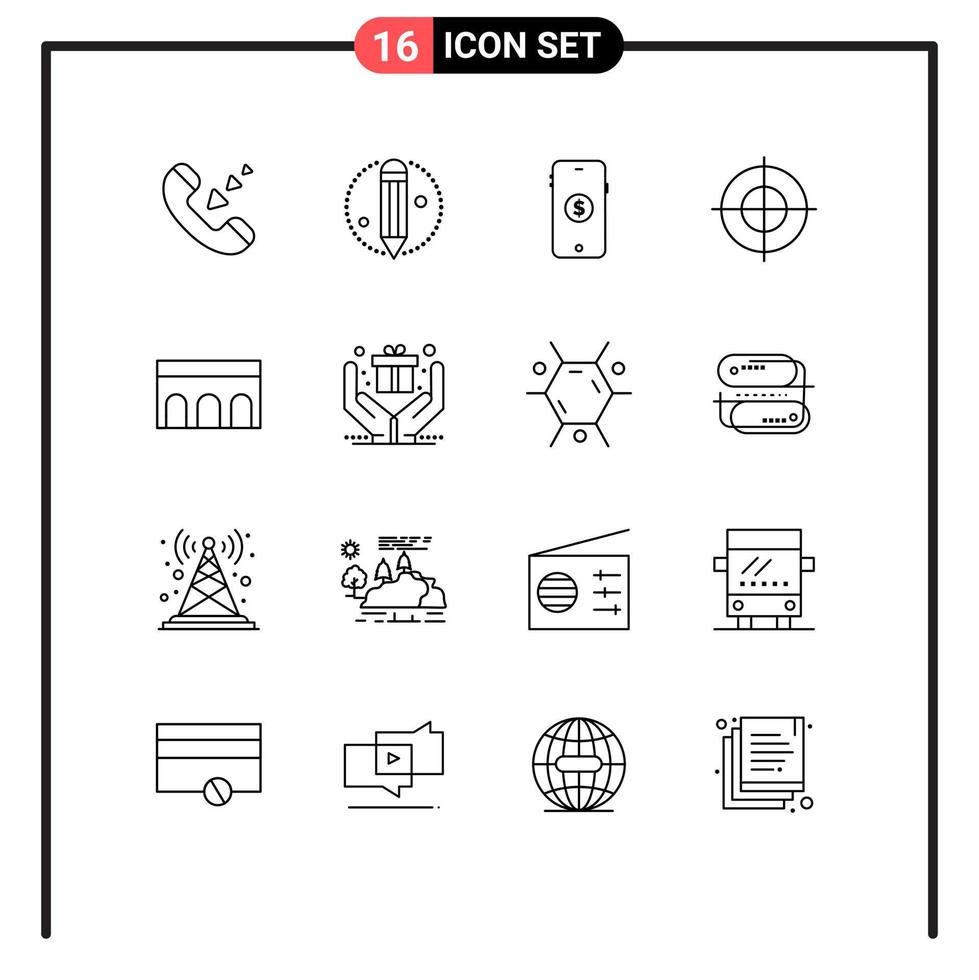 Modern Set of 16 Outlines and symbols such as historic architecture market arch gun Editable Vector Design Elements