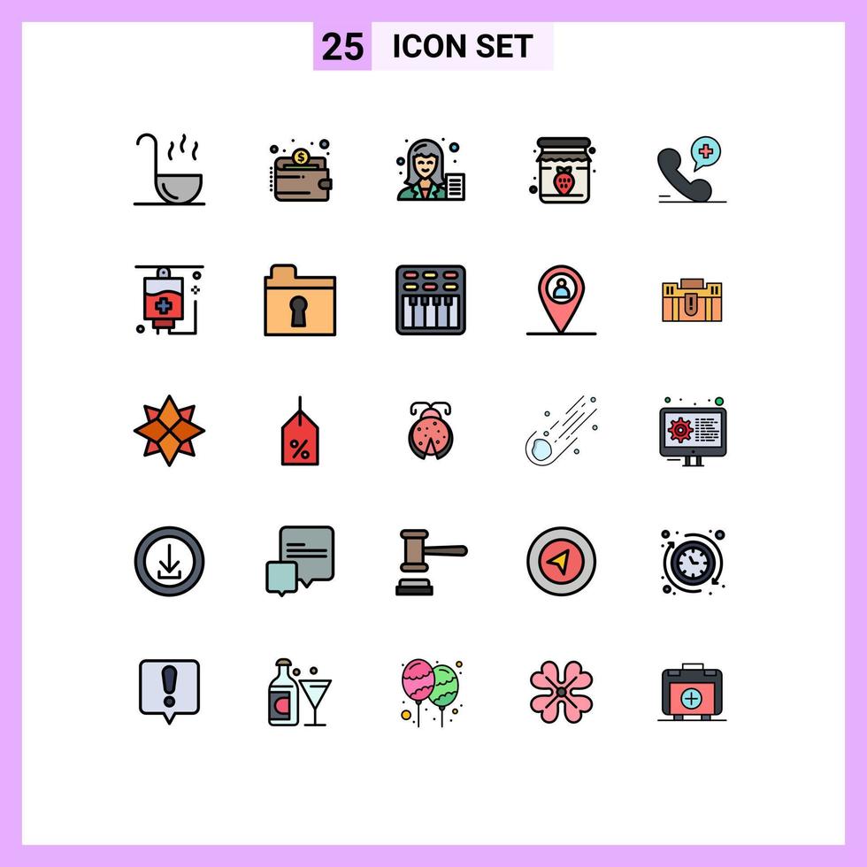 Group of 25 Filled line Flat Colors Signs and Symbols for phone breakfast blogger strawberry jam Editable Vector Design Elements