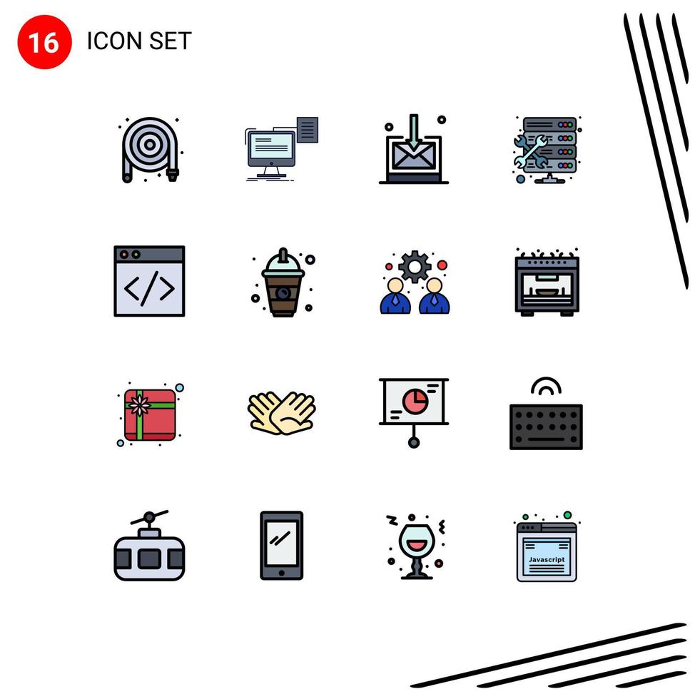 Pack of 16 Modern Flat Color Filled Lines Signs and Symbols for Web Print Media such as server setting document maintenance admin Editable Creative Vector Design Elements