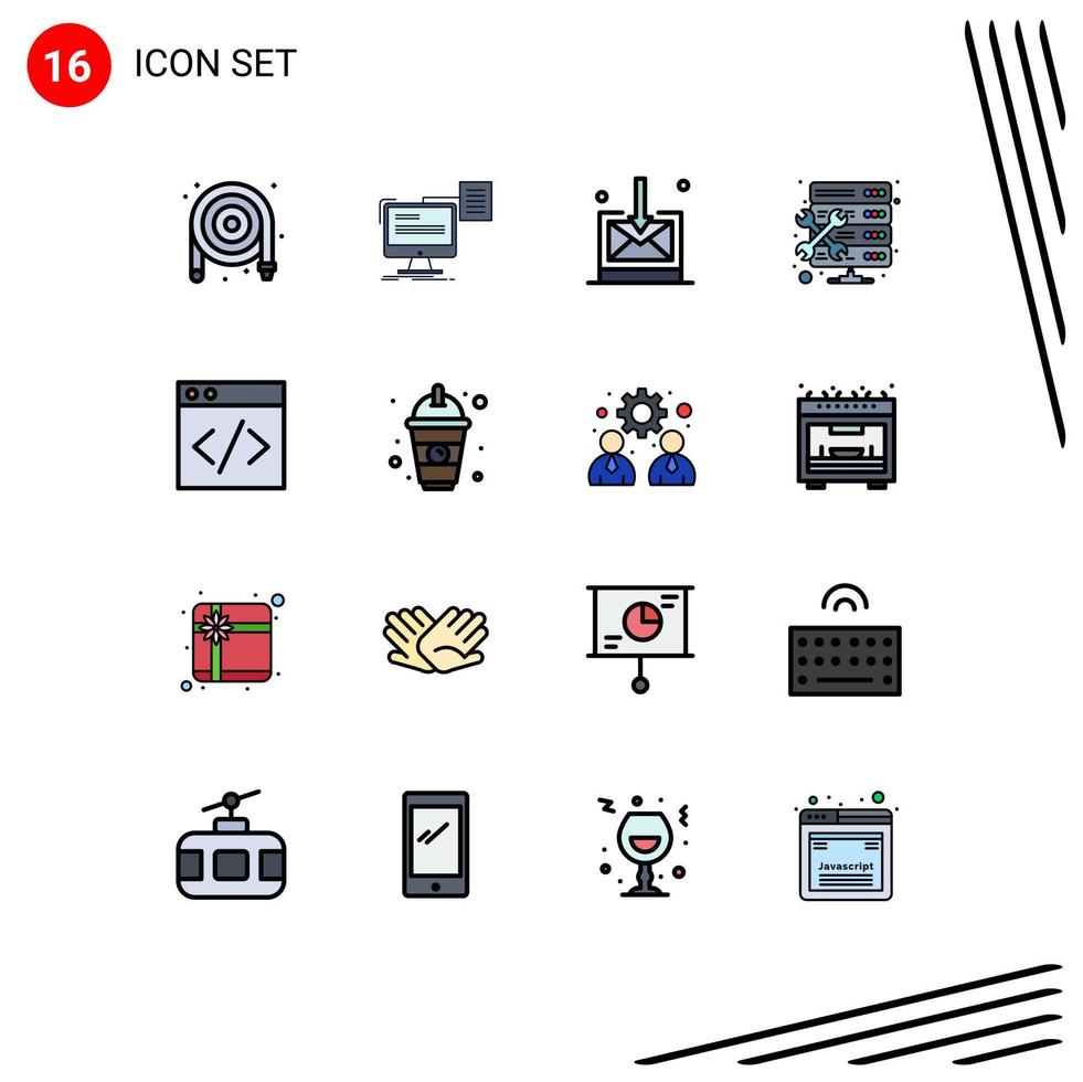 paquete de 16 signos y símbolos modernos de líneas rellenas de color plano para medios de impresión web, como el mantenimiento de documentos de configuración del servidor, elementos de diseño de vectores creativos editables por administrador