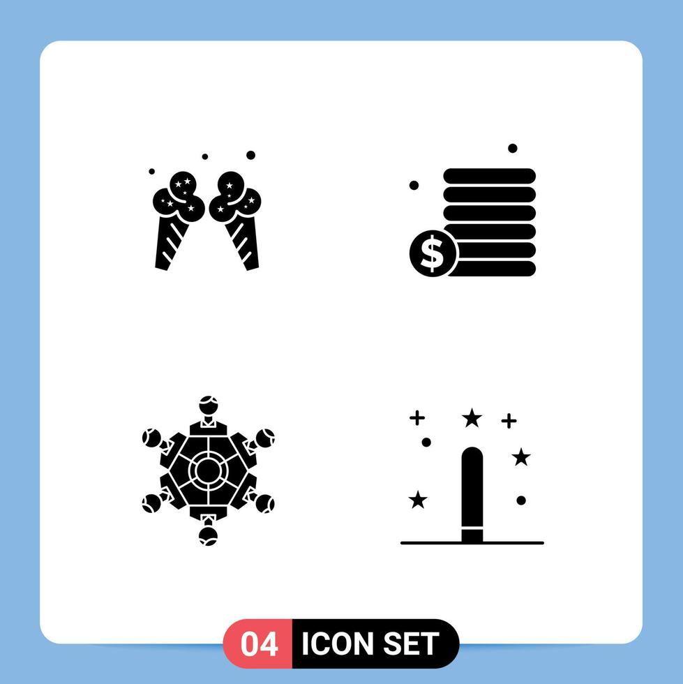 Mobile Interface Solid Glyph Set of 4 Pictograms of icecream game american money playing Editable Vector Design Elements