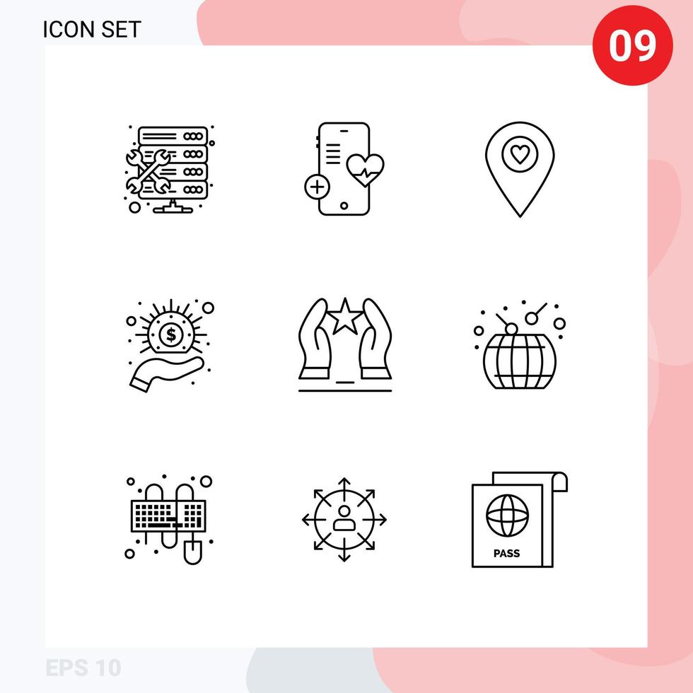 User Interface Pack of 9 Basic Outlines of care money heart hand business Editable Vector Design Elements