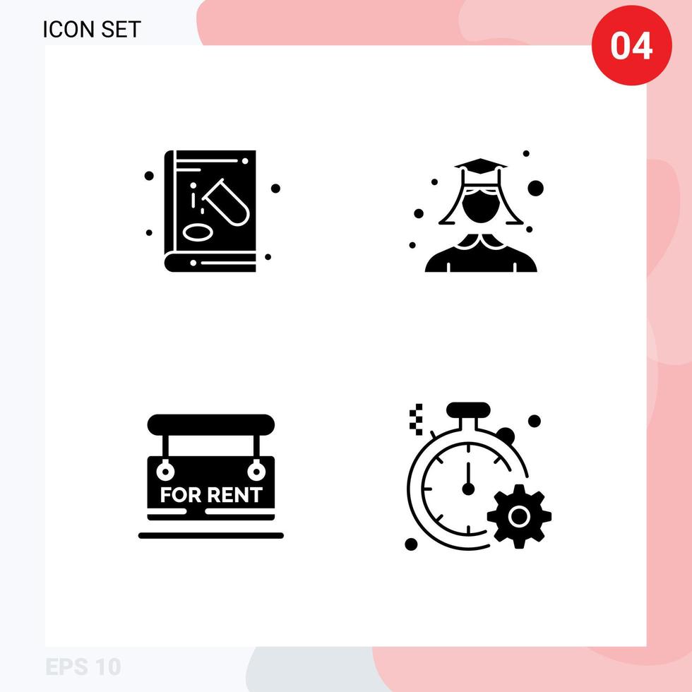 Universal Icon Symbols Group of 4 Modern Solid Glyphs of book board education graduation for rent Editable Vector Design Elements