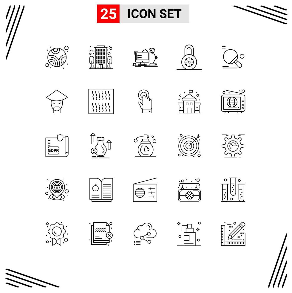 Group of 25 Lines Signs and Symbols for ping pong sport office racket padlock Editable Vector Design Elements