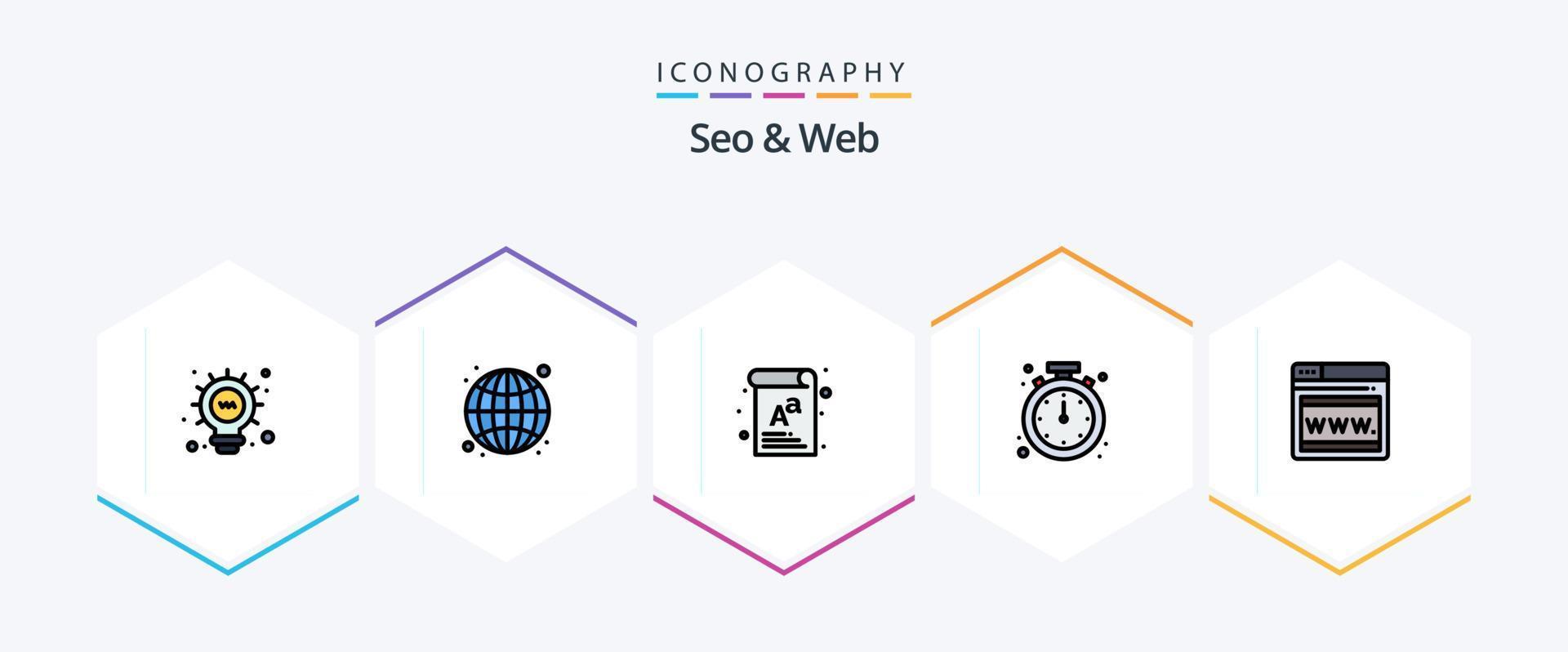 Seo and Web 25 FilledLine icon pack including web. time. document. mobile. alert vector