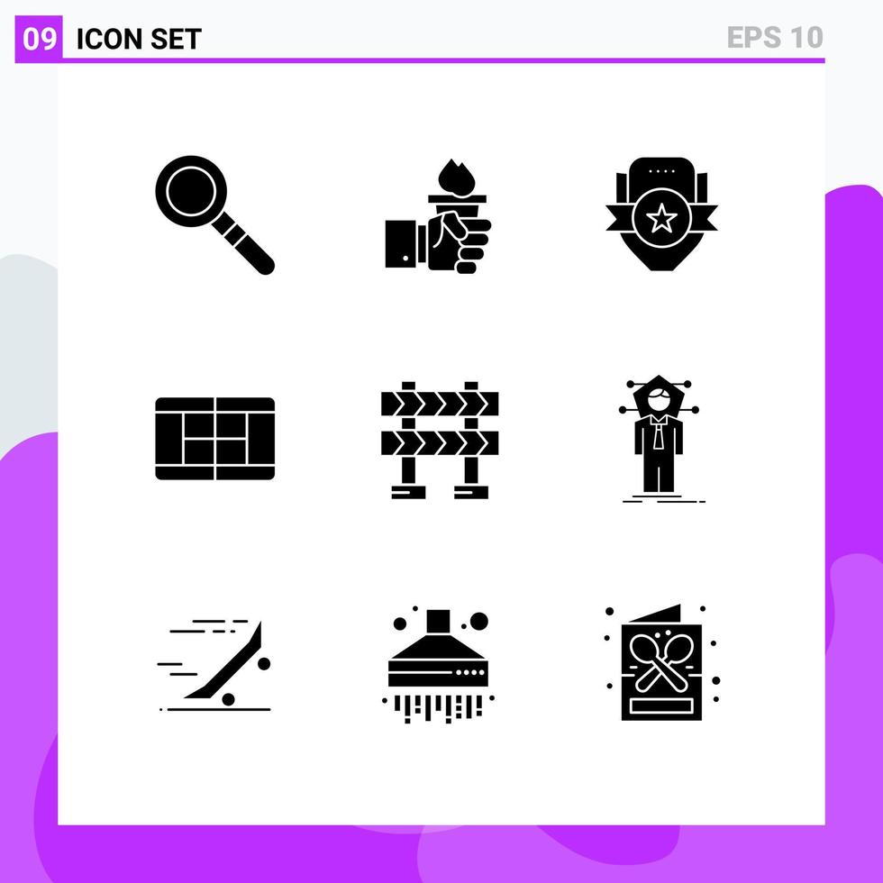 Modern Set of 9 Solid Glyphs and symbols such as construction barricade badge tennis sport Editable Vector Design Elements