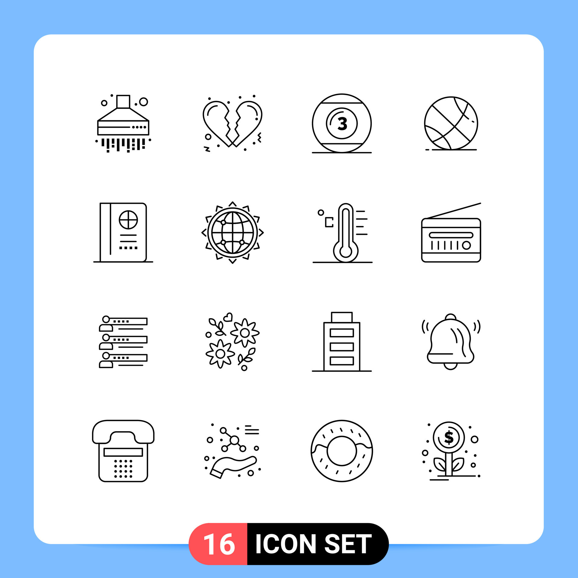 16 Universal Outline Signs Symbols of world travel game passport gym
