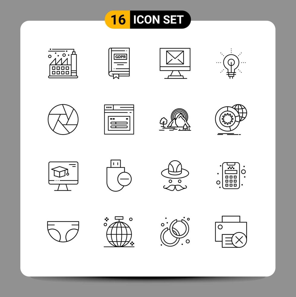 16 Universal Outlines Set for Web and Mobile Applications camera inspirating compose insight glow Editable Vector Design Elements