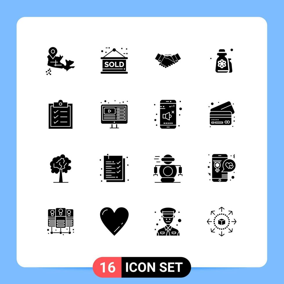 Mobile Interface Solid Glyph Set of 16 Pictograms of relaxation grooming agreement cosmetics partnership Editable Vector Design Elements
