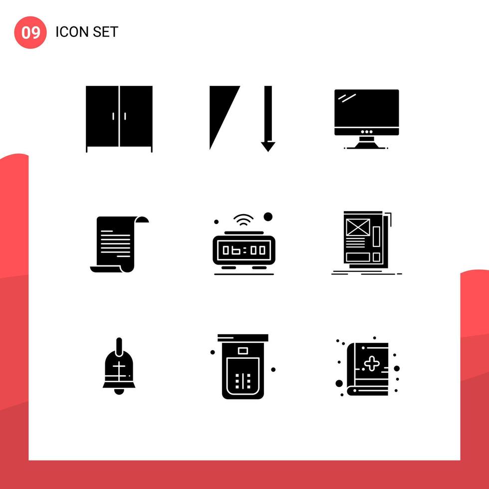 Modern Set of 9 Solid Glyphs Pictograph of iot clock device alarm text Editable Vector Design Elements