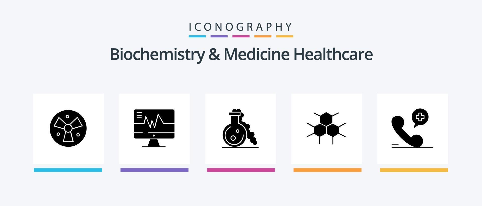 Biochemistry And Medicine Healthcare Glyph 5 Icon Pack Including phone. health. flask. medical. molecular. Creative Icons Design vector