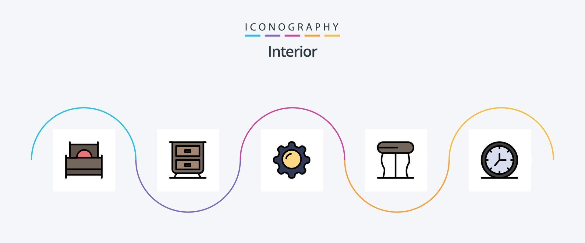 Interior Line Filled Flat 5 Icon Pack Including wall. clock. display. table. furniture vector