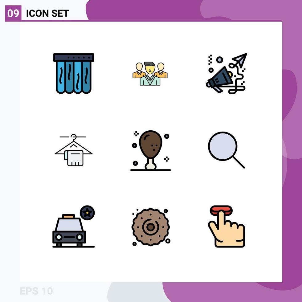 Pack of 9 creative Filledline Flat Colors of holiday dinner finance hotel towel Editable Vector Design Elements